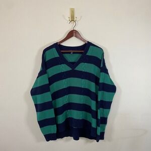Chaps XL V-Neck Striped Cable Knit Sweater Green Navy‎ Slouchy Preppy Fisherman